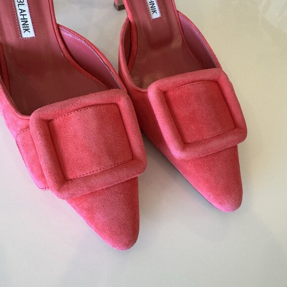 Manolo Blahnik Maysale Pink Suede Mule Kitten Heels Pumps - Picture 2 of 7